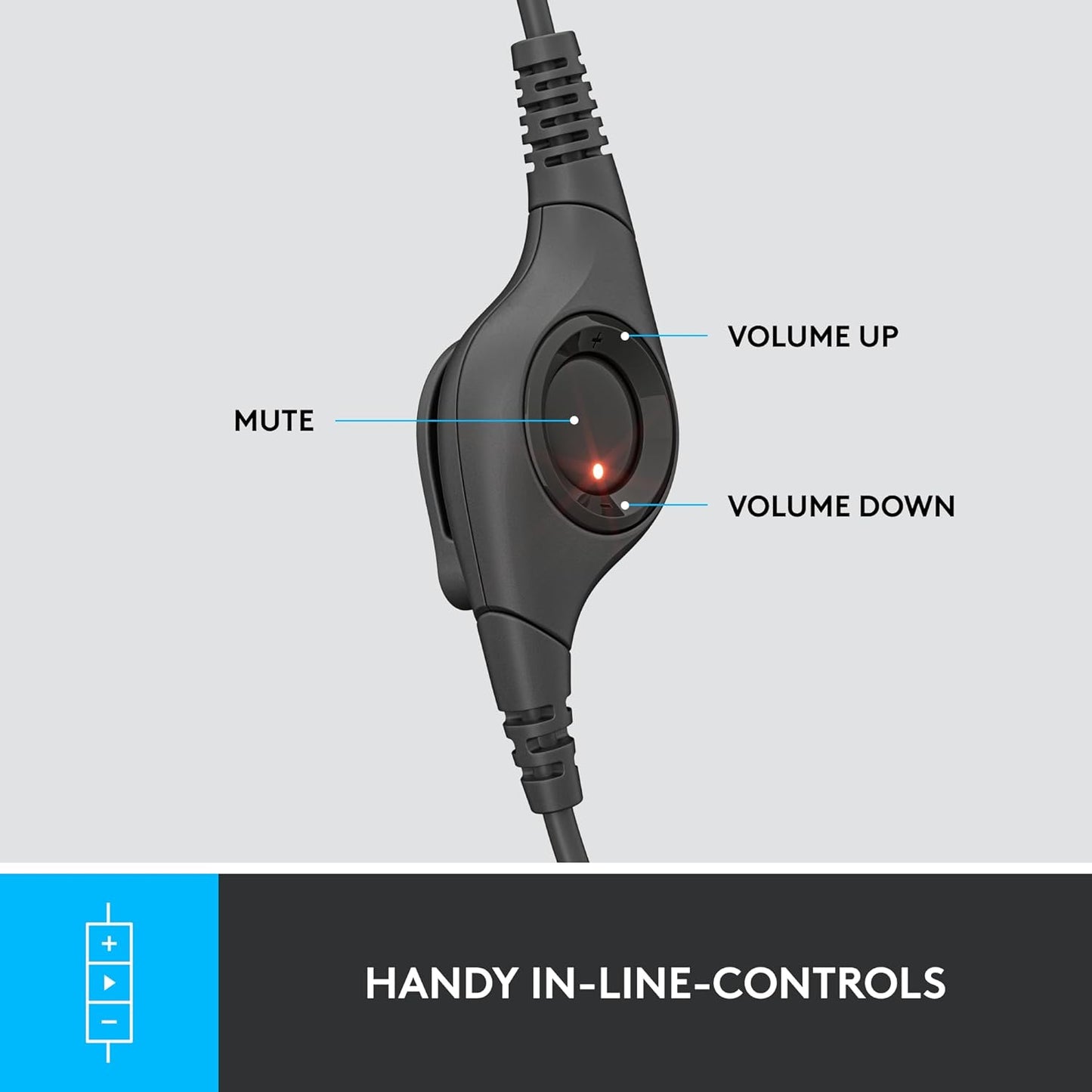 Logitech H390 Wired Headset showing how it has handy in-line-controls.