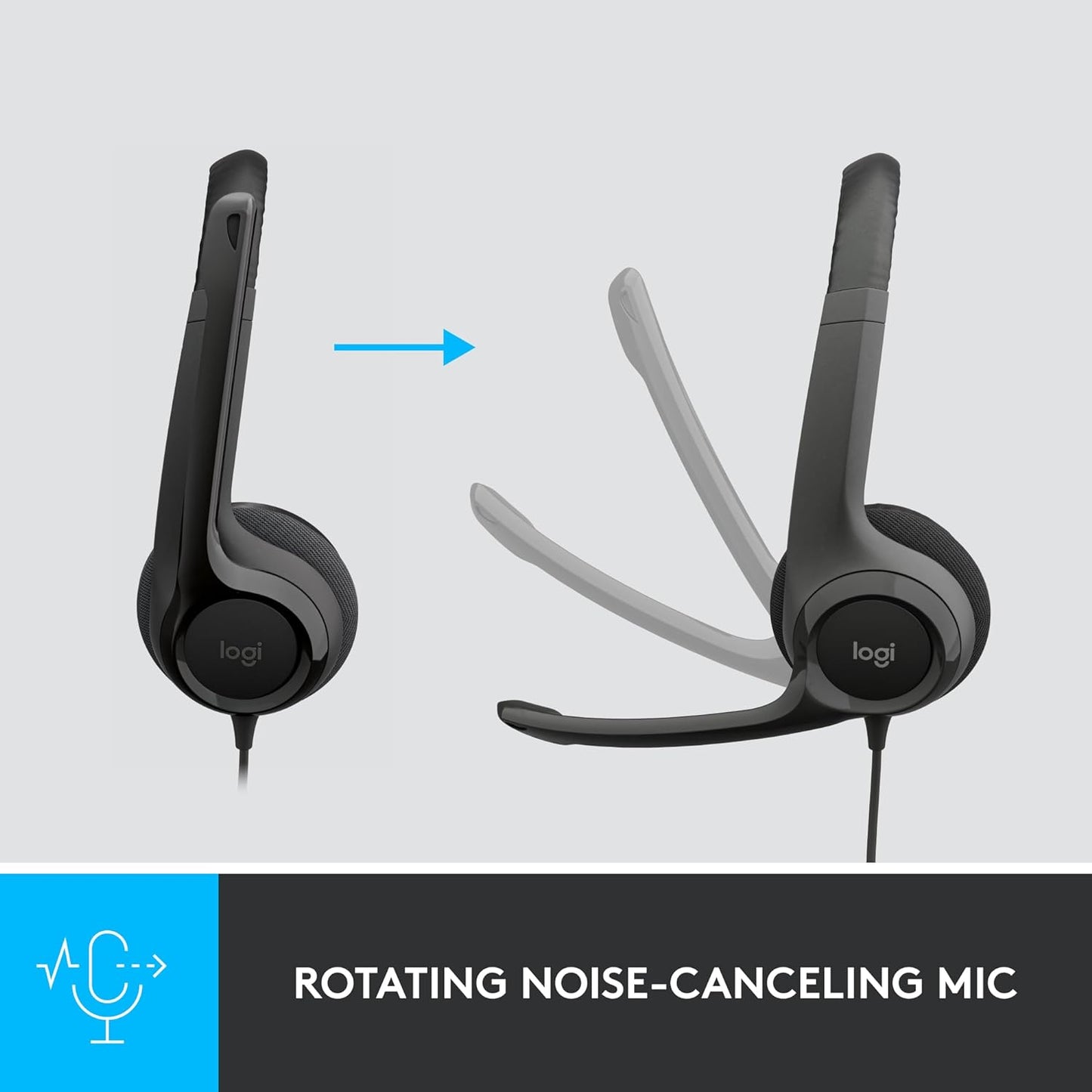 Logitech H390 Wired Headset  showing how it has a rotating noise canceling Mic.