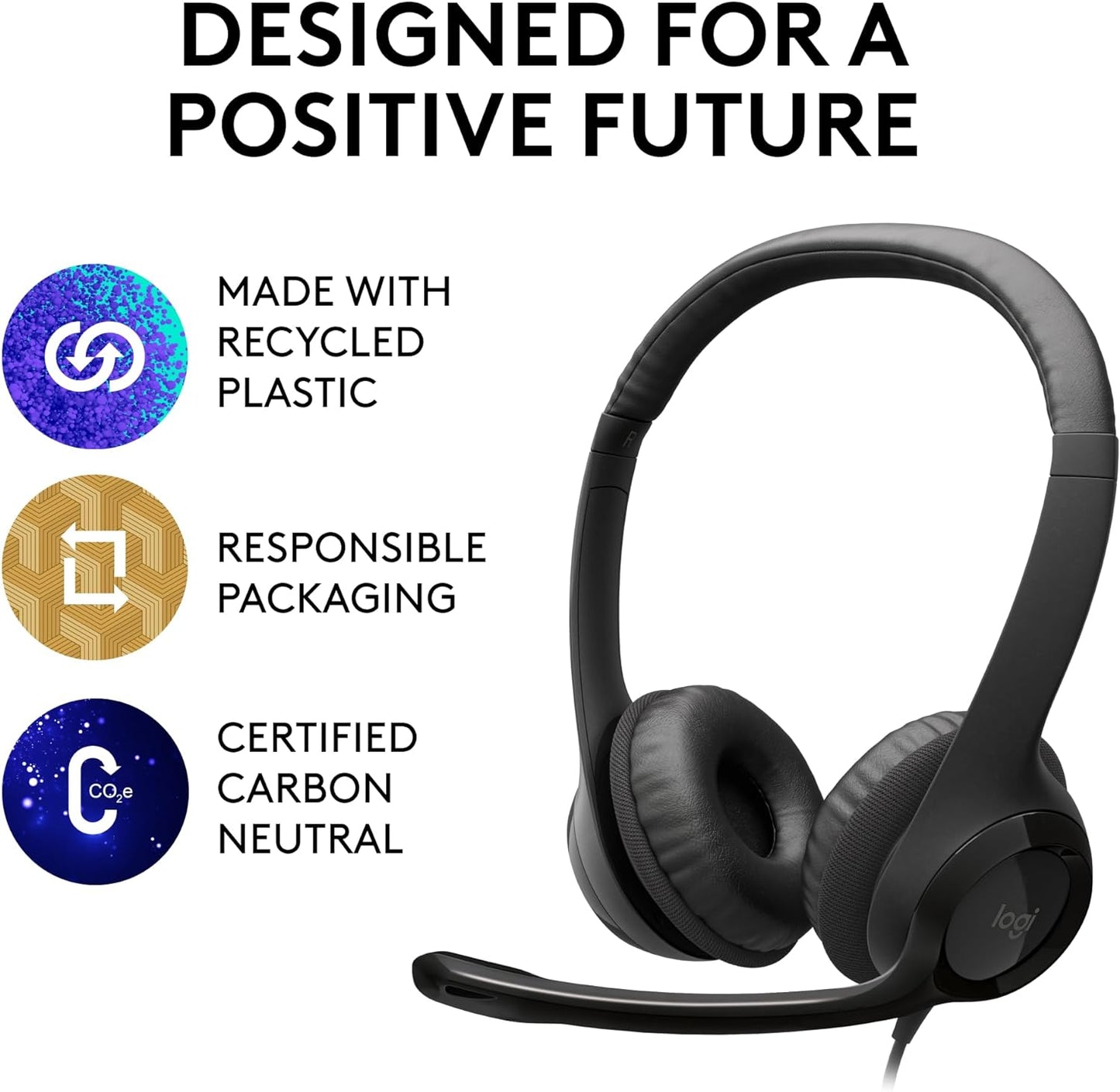Logitech H390 Wired Headset showing how it is eco friendly.